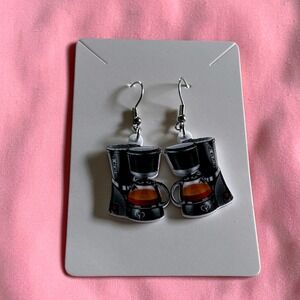 Coffee Maker Acrylic Dangle Earrings Silver Tone Fishhook Novelty Barista Gift